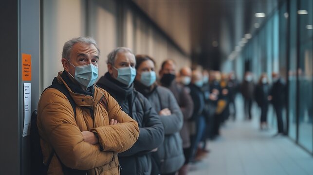 People in Masks Queue, Waiting Patiently, Pandemic Era, Social Distancing. - Powered by Adobe