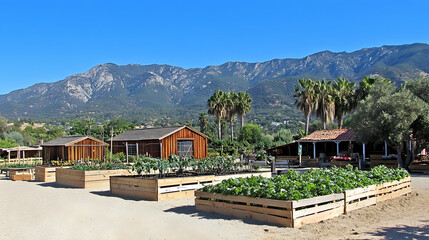 Picturesque Farm-to-Table Garden with Mountain Backdrop and Wood