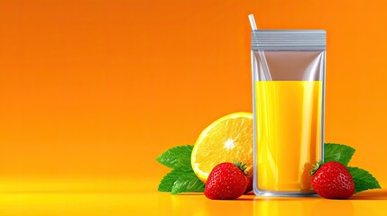 Orange Juice in Clear Pouch with Straw and Fresh Fruit