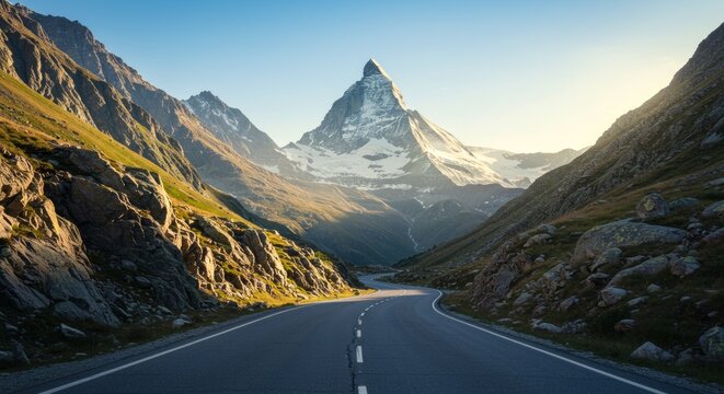 Mountain Road with Snowcapped Peak and Blue Sky Scenic Route - Powered by Adobe