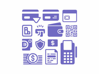 Collection of financial and payment icons including credit cards wallet qr code coins receipt id card shield and payment terminal presented in a clean purple silhouette style