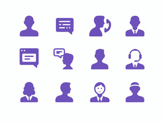Collection of purple communication and people icons showing customer service conversation and professional interaction in a clean silhouette style