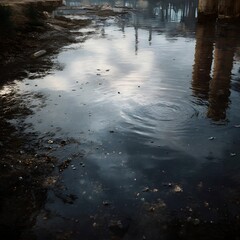Polluted water surface reflecting an abandoned industrial landscape