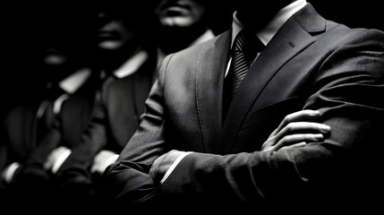 Businessmen in suits with their arms crossed against a black background, symbolizing strength and unity