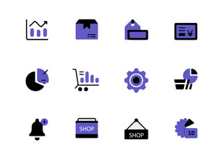 Collection of modern flat design icons representing business analytics e commerce finance and settings presented as a simple silhouette on a dark background
