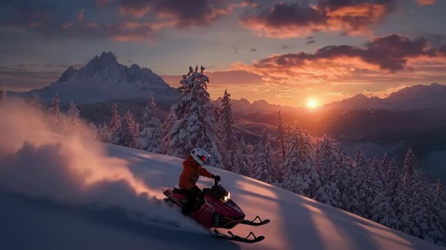 A person riding a snowmobile on a snowy mountain