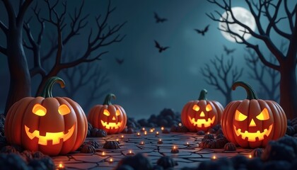 Halloween pumpkins illuminate a spooky night scene.