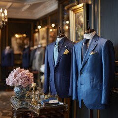 Two elegant blue suits on display in a luxury store