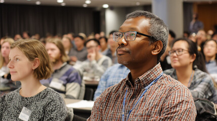 indian professor attending international seminar or academic conference with diverse audience for higher education collaboration and global research exchange