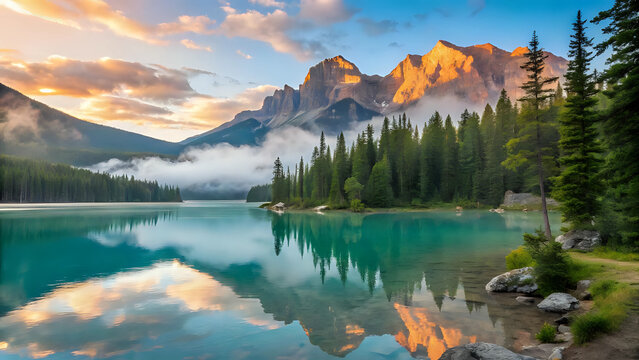 Landscape of stunning moraine lake with turquoise water reflecting snow-capped mountains and pine trees at sunrise - breathtaking natural landscape for travel and adventure themes concept