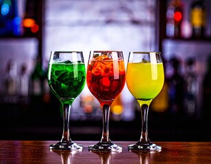 Colorful evening cocktails – moody lighting and blurred bar background
