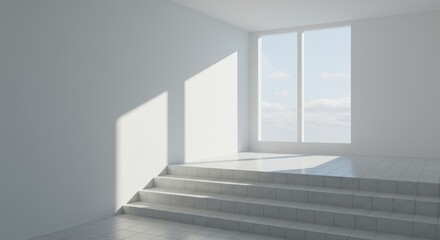 Fototapeta premium White Interior Room with Steps and Window with Sky View