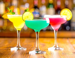 Colorful evening cocktails &ndash; moody lighting and blurred bar background