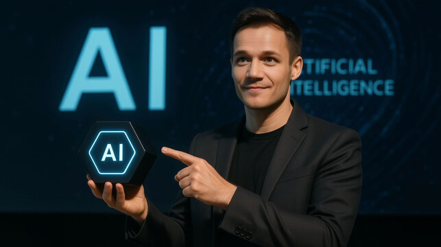 entrepreneur presenting new ai technology device in black suit holding ai device during presentation representing artificial intelligence innovation and smart solutions