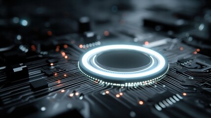 Close-up of Dark Circuit Board with Glowing Blue Microchip and Electronic Components