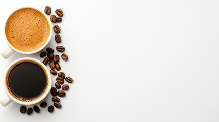 Fototapeta premium Top view of various coffee cups filled with espresso latte and black coffee vibrant foam and textures on clean white background. A delightful overhead image showcasing diverse coffee
