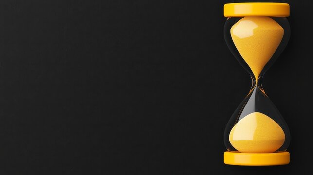 Time running out represented by yellow sand in an hourglass isolated against an empty black backdrop visualizing the countdown and approaching deadline with clarity. Urgent deadline