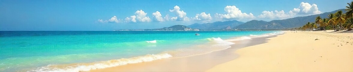 Obraz premium Golden Sand Meets Turquoise Sea A Breathtaking Horizontal Panorama of a Serene Coastal Beach, Perfect for Travel and Vacation Projects