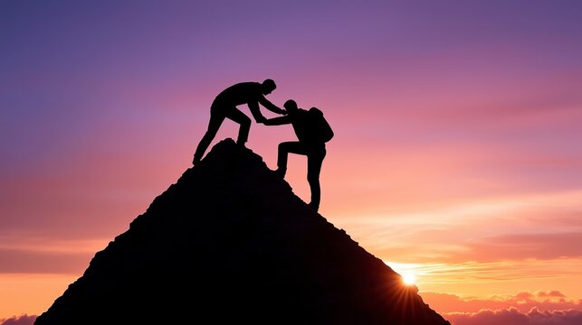 Silhouette of two professionals on a mountain one pulling the other up representing leadership and mutual success. A collaborative climb toward peak achievement teamwork and upward