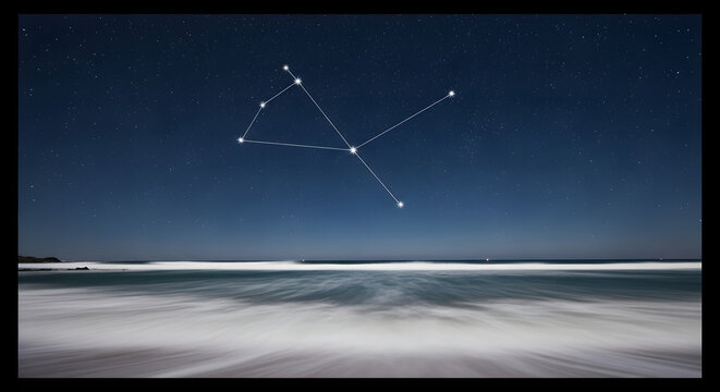 Behold the constellation Taurus gracing the night sky above a dreamy ocean scene, shining brightly amidst twinkling stars.