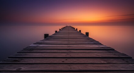 Wooden Pier Stretching Into Calm Water at Colorful Sunset