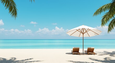 Obraz premium Paradise Beach: A tranquil beach scene unfolds under a clear blue sky, featuring a pristine sandy shore, inviting sun loungers, and a sheltering umbrella.