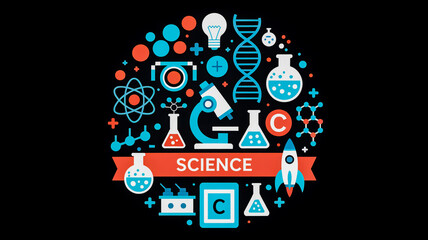 Obraz premium A flat design illustration of scientific and educational icons arranged in a circular pattern against a black background