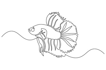 Continuous one line drawing of Tropical fish betta. Single line drawing illustration of Betta fish or cupang fish. Wall decor concept vector art. Doodle line illustration.