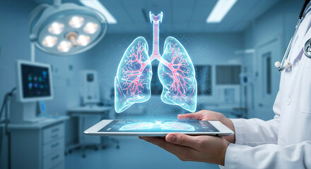 Doctor holding tablet displaying holographic lungs in a modern medical examination room setting scene