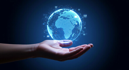A hand holding a blue holographic globe with digital icons floating around it on a dark background