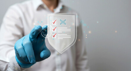 Hand in glove touching shield with checklist and x mark on a white background in a modern setting