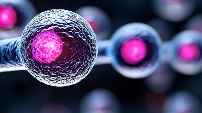 illustration of undifferentiated stem cells under a microscope showing the complexity and potential of genetic advancements in cell therapy. Microscopic view revealing primordial cell