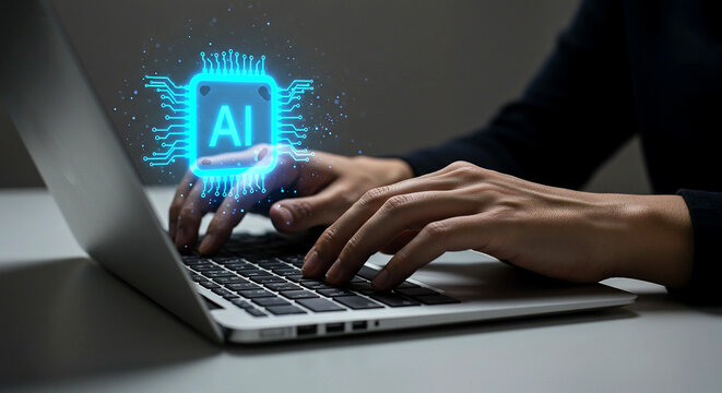Person typing on laptop with ai chip graphic overlay representing artificial intelligence concept idea