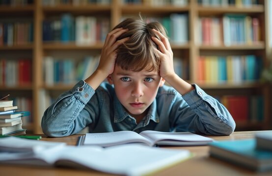 Frustrated young boy with hands on head studies at cluttered desk. He looks overwhelmed by schoolwork. Challenges of homework and learning at school are evident in his expression of stress.