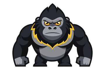 Intimidating cartoon gorilla with lightning chest, displaying intense yellow eyes on a white backdrop