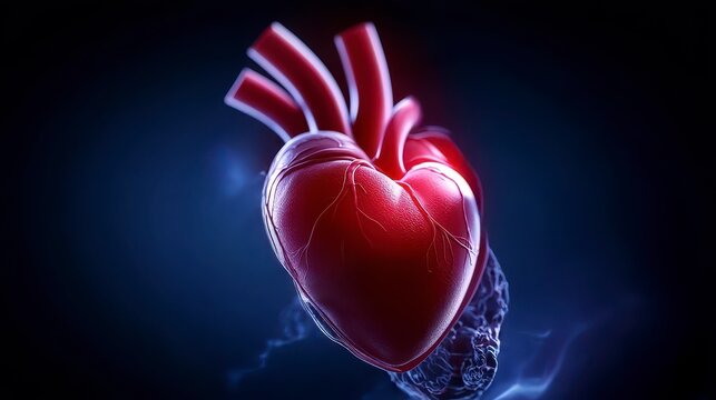 Intricate vessels and pulsing heart in a human cardiovascular system illustration copy space educational chart dynamic blend mode against a dark blue backdrop. A anatomical