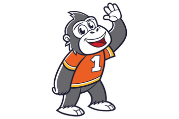 Naklejka premium Cheerful gorilla cartoon mascot stands wearing orange number one jersey waving its hand