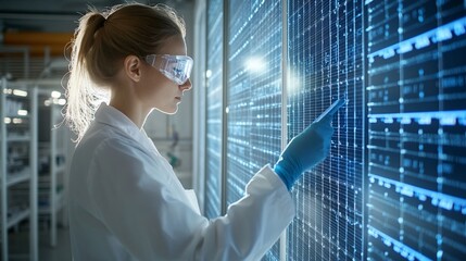 Scientist Analyzing Data on Illuminated Panels, Futuristic Laboratory Setting.