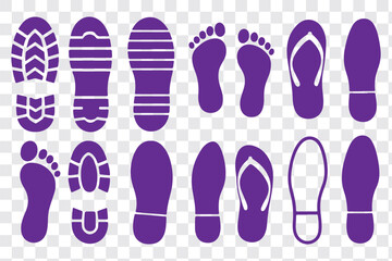 Footprint and shoe print icons set – vector illustration on white background. Vector Footprint Icons Collection Human, Shoe, Boot, and Sole Print Silhouettes Set 