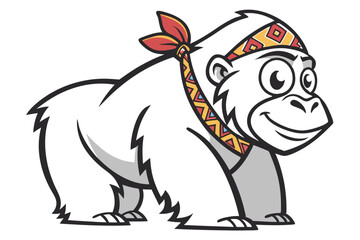 Cheerful white gorilla adorned with colorful headbands confidently walks forward in this delightful picture