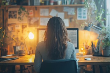 Office syndrome concept: Woman experiencing back pain from sitting at a desk too long at work, Generative AI