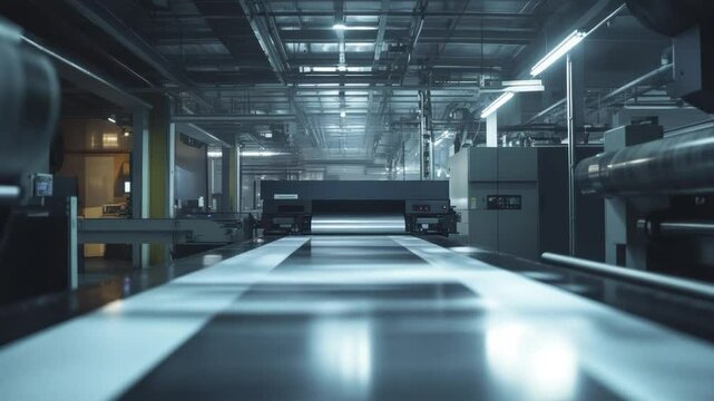 Industrial printing press in action, large format printing, paper moving along conveyor belt.