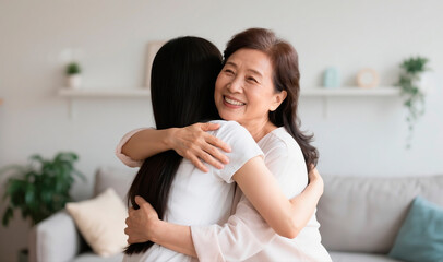 Happy smiling mother embracing her adult daughter at home