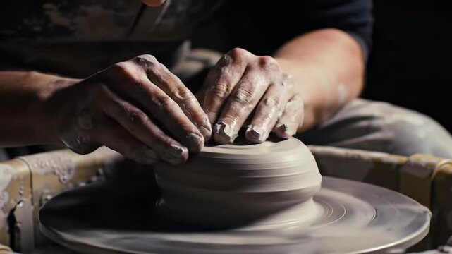 Closeup hands shaping clay on a pottery wheel artistic creation