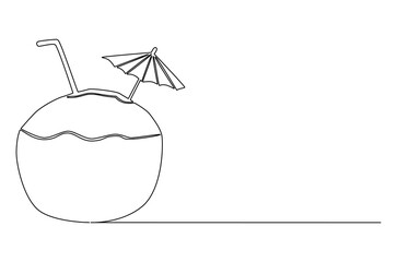 Continuous one line drawing of Coconuts fruit beach. Single line drawing illustration of Coconut water. Summer holiday concept vector art. Doodle line illustration.