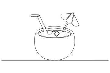 Continuous one line drawing of Coconuts fruit beach. Single line drawing illustration of Coconut water. Summer holiday concept vector art. Doodle line illustration.