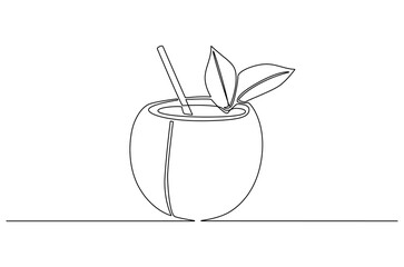 Continuous one line drawing of Coconuts fruit beach. Single line drawing illustration of Coconut water. Summer holiday concept vector art. Doodle line illustration.