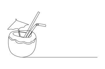 Continuous one line drawing of Coconuts fruit beach. Single line drawing illustration of Coconut water. Summer holiday concept vector art. Doodle line illustration.