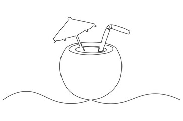 Continuous one line drawing of Coconuts fruit beach. Single line drawing illustration of Coconut water. Summer holiday concept vector art. Doodle line illustration.
