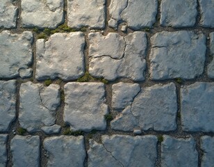 Fototapeta premium Cobblestone pavement texture with rough granite blocks, small gaps filled with sand, moss. Seamless pattern aged, cracked stones creating authentic historic street surface, perfect for architectural